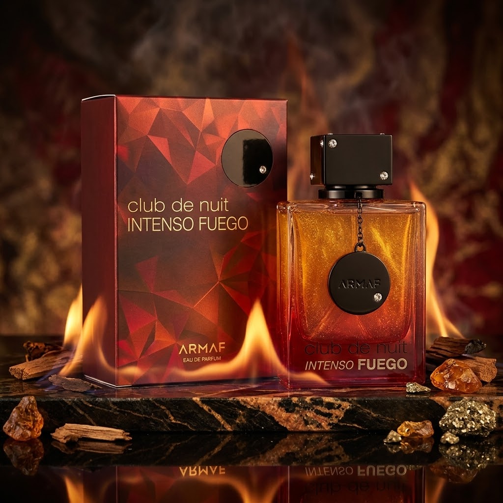 Perfume Club de Nuit Intenso Fuego Eau de Parfum Armaf em frasco elegante, com detalhes vermelhos e dourados