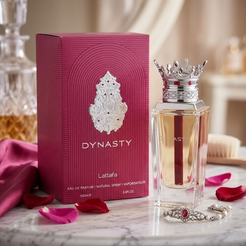 Perfume Dynasty Eau de Parfum Lattafa em frasco elegante com design sofisticado