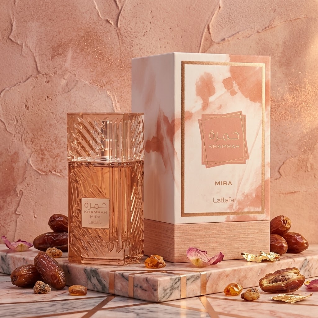 Perfume Khamrah Mira Eau de Parfum Lattafa em frasco elegante para uso feminino e masculino