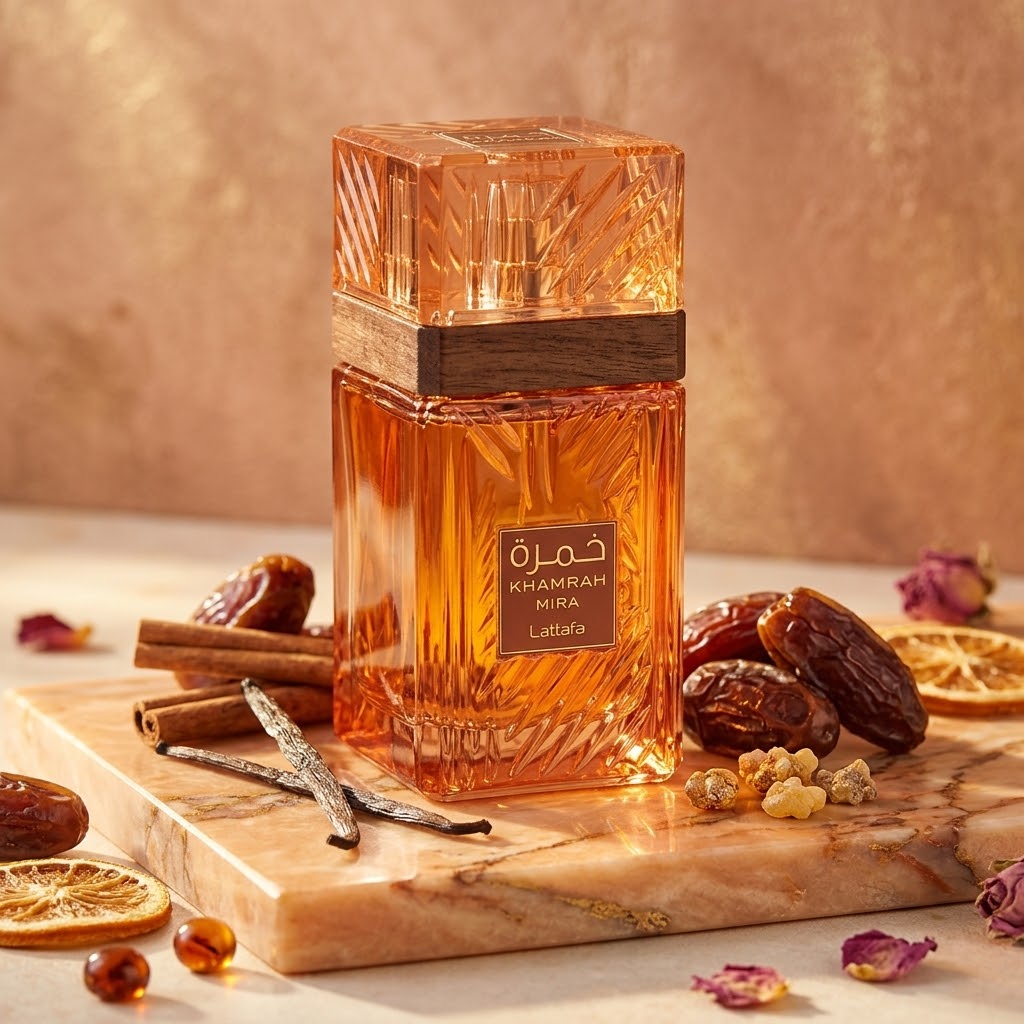Perfume Khamrah Mira Eau de Parfum Lattafa em frasco elegante para fragrância feminina