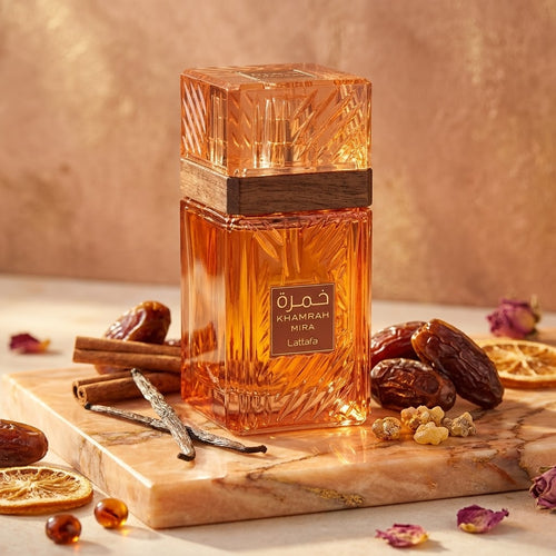 Perfume Khamrah Mira Eau de Parfum Lattafa em frasco elegante para fragrância feminina