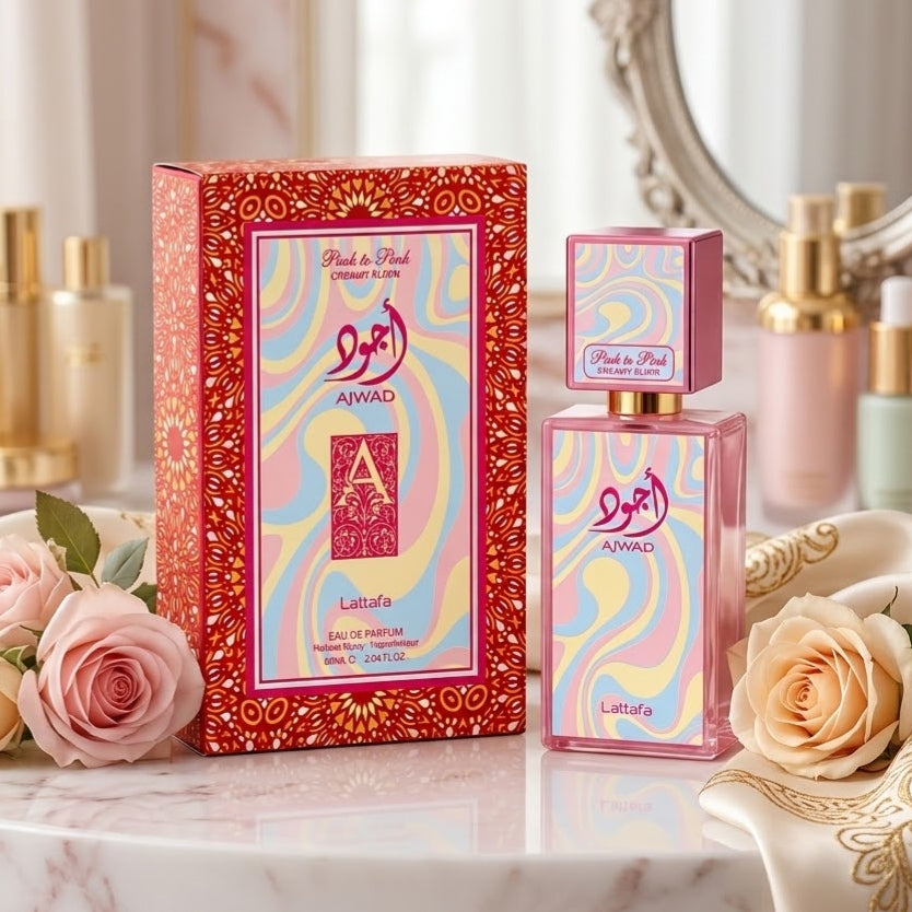 Perfume Ajwad Pink to Pink Creamy Elixir Eau de Parfum Lattafa, frasco rosa vibrante cepa
