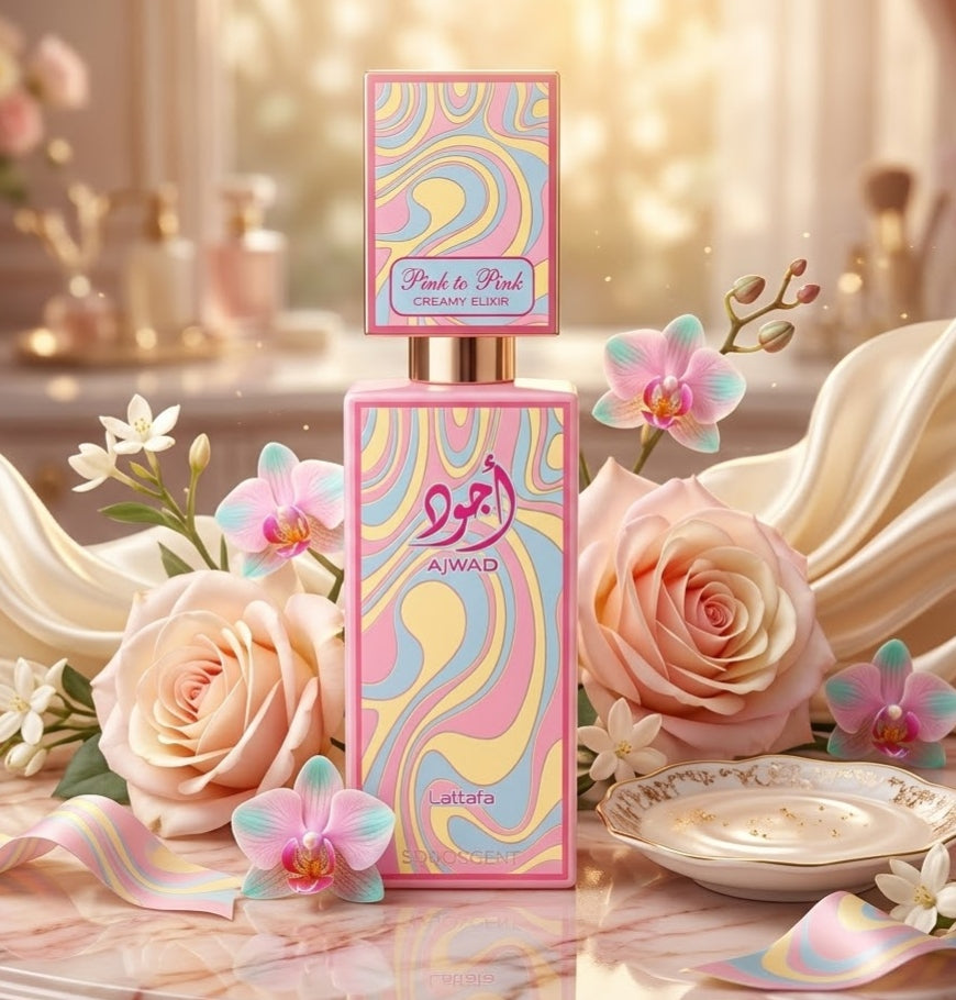Perfume Ajwad Pink to Pink Creamy Elixir Eau de Parfum Lattafa em frasco rosa com design elegante