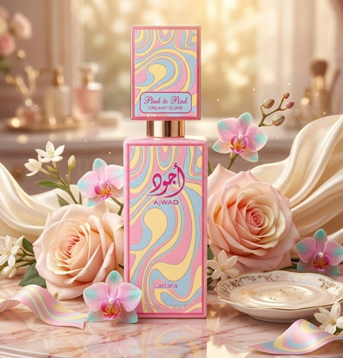 Perfume Ajwad Pink to Pink Creamy Elixir Eau de Parfum Lattafa em frasco rosa com design elegante