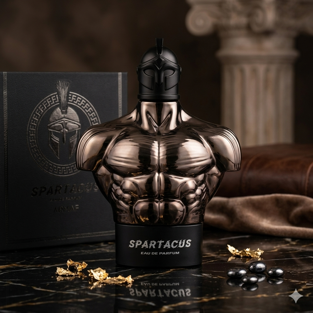 Frasco de Eau de Parfum Spartacus da Armaf, embalagem elegante e detalhes do perfume em vidro transparente.