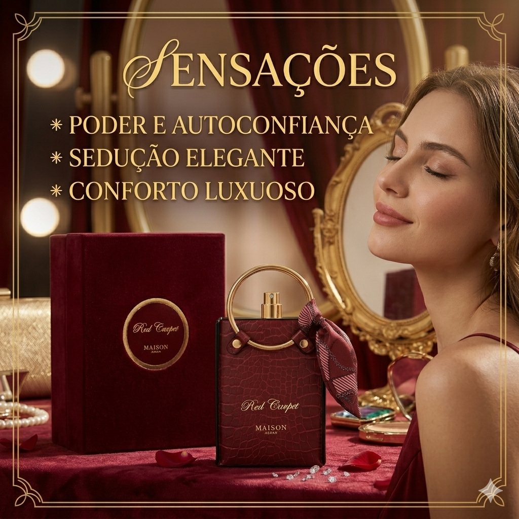 Perfume Eau de Parfum Red Carpet da Maison Asrar, embalagem elegante com frasco de vidro e detalhes dourados.