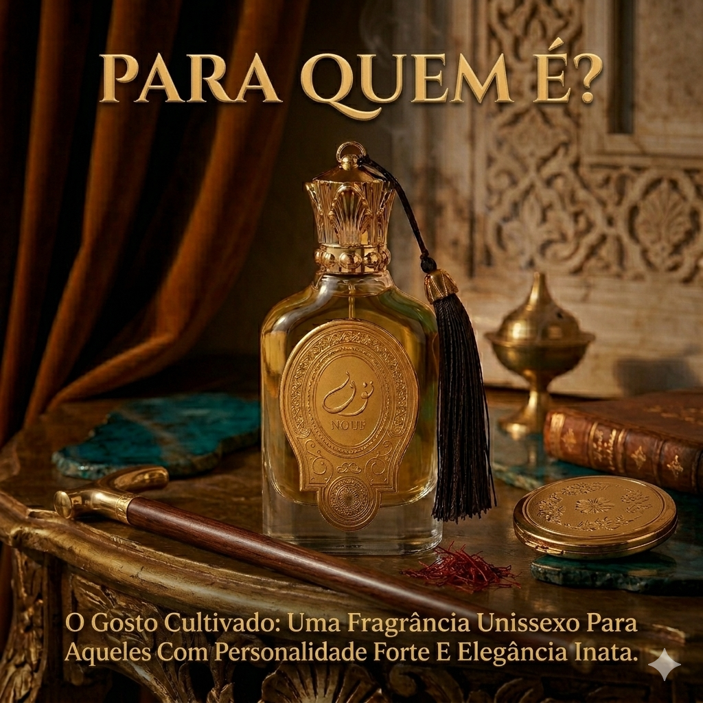 Perfume Eau de Parfum Nouf da Luxos do Oriente, frasco elegante com detalhes dourados e embalagem sofisticada.