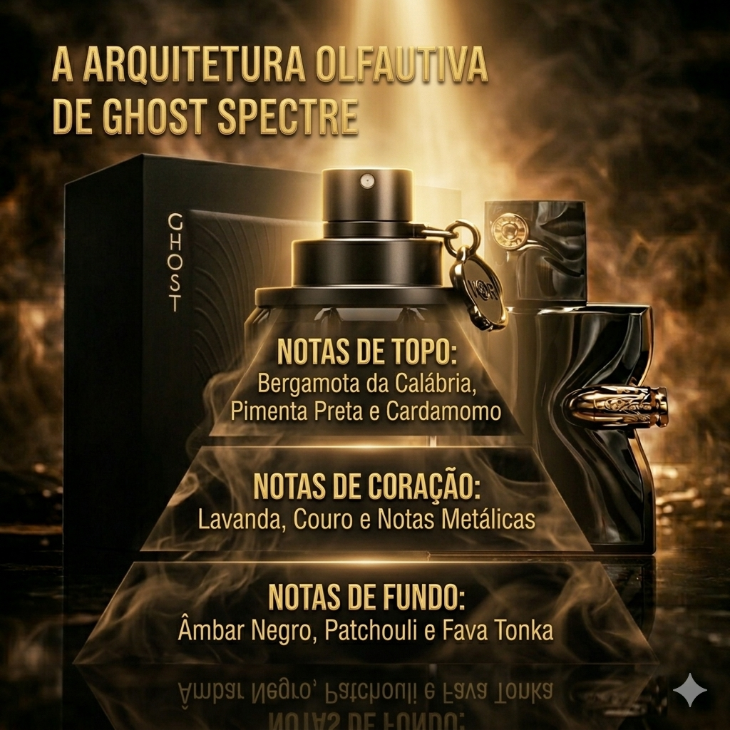 Frasco de perfume Spectre Ghost – French Avenue da Oud de Ouro, com design elegante e detalhes dourados.