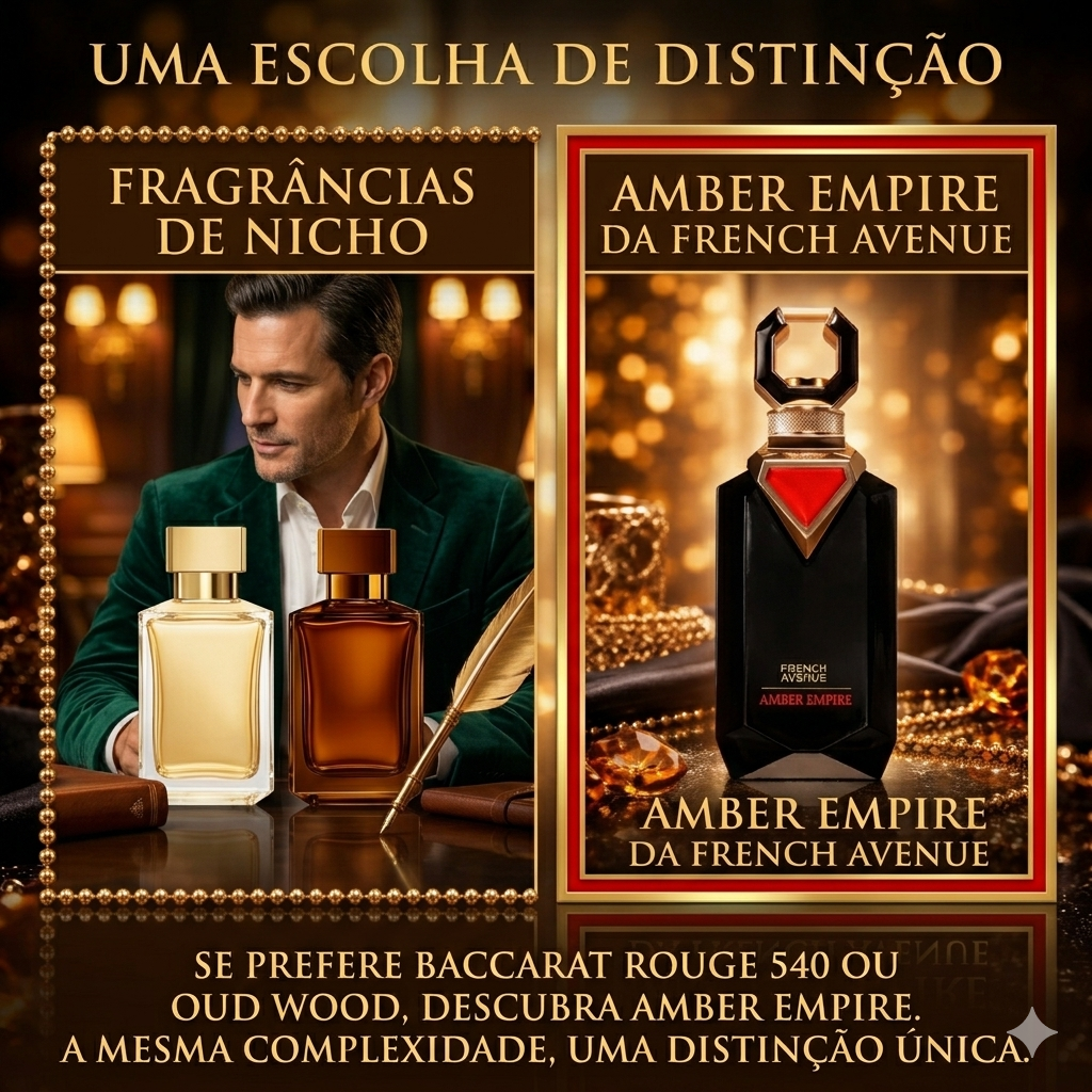 Frasco de perfume Amber Empire da Oud de Ouro, com design elegante e detalhes dourados, na embalagem original.