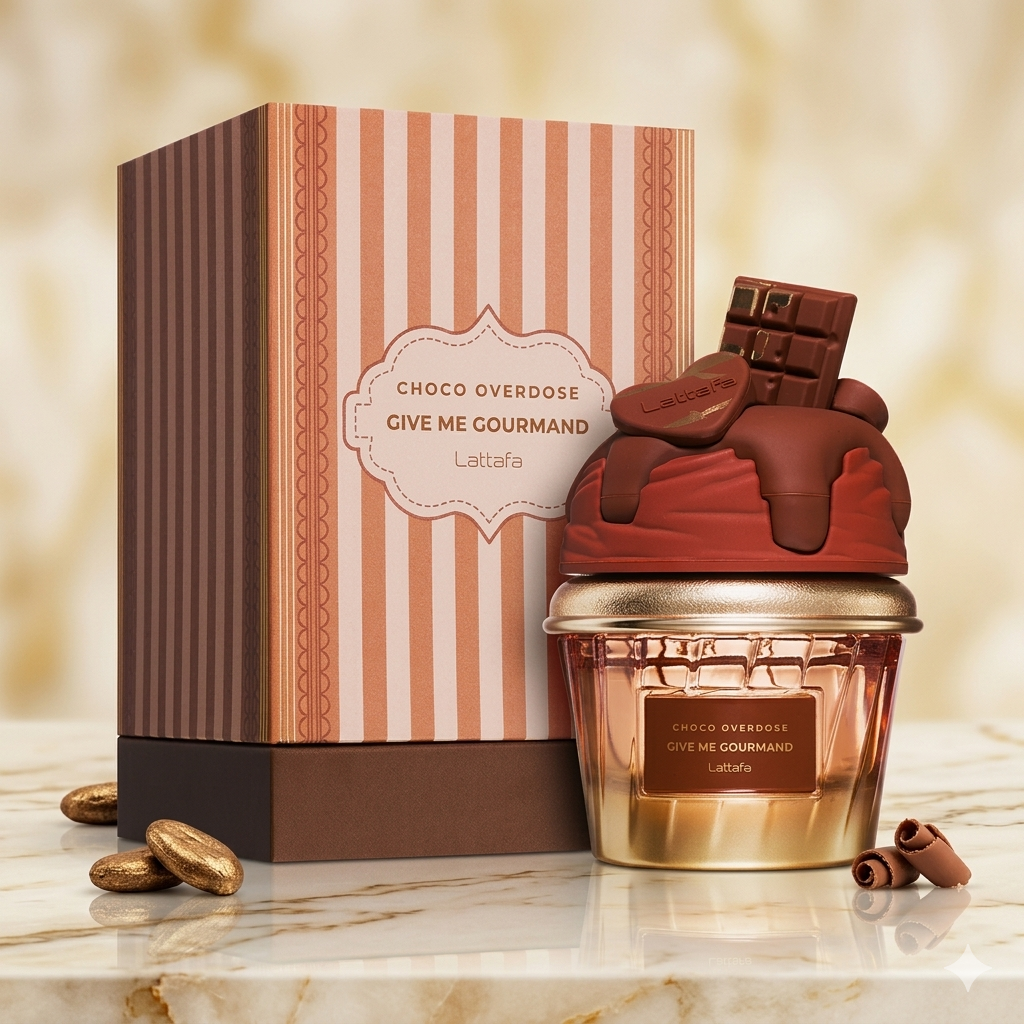 Perfume Lattafa Choco Overdose Eau de Parfum, embalagem de 100ml com frasco dourado e detalhes em chocolate.