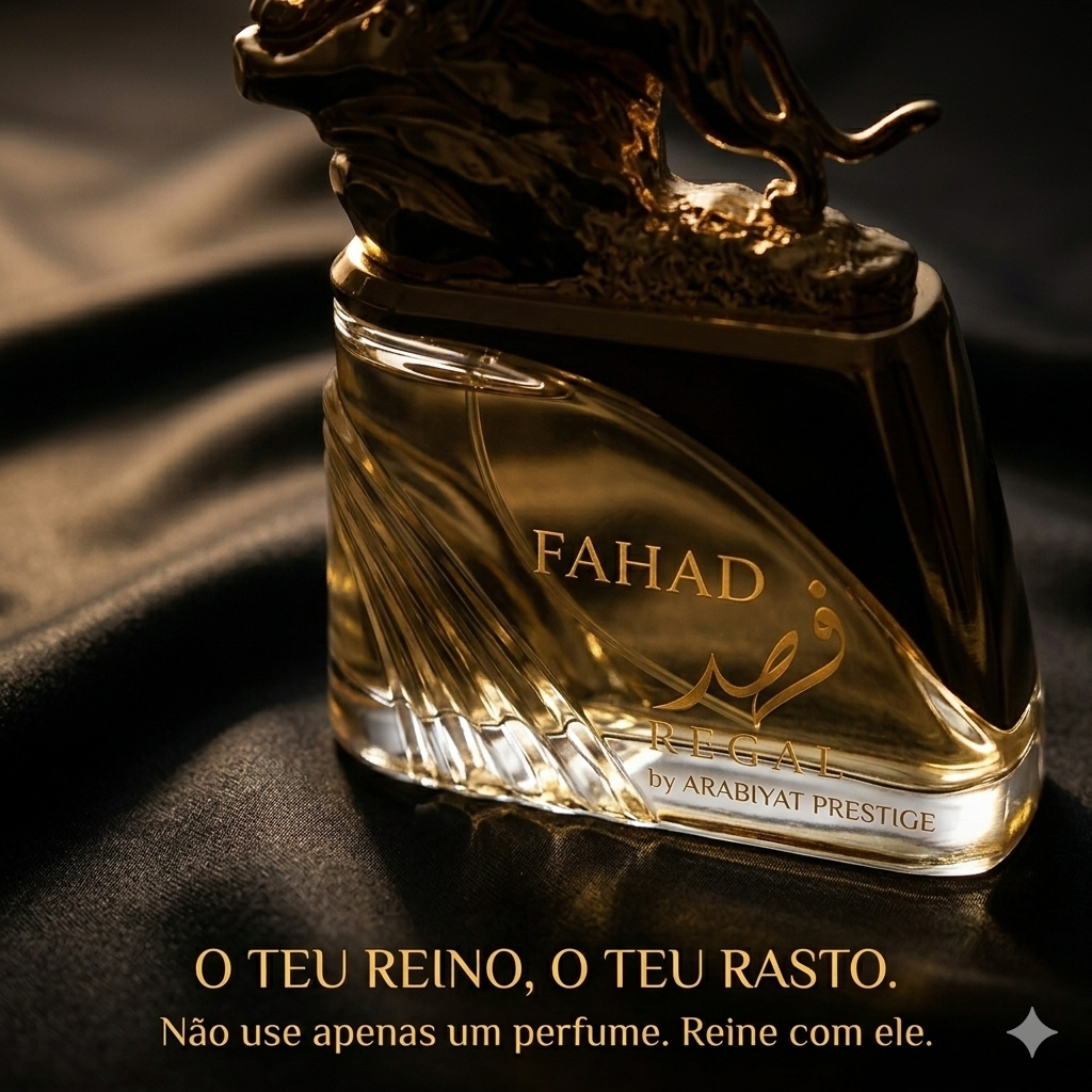 Fahad Regal Eau de Parfum Arabiyat Prestige da Luxos do Oriente, frasco elegante e sofisticado, com detalhes dourados e refinados