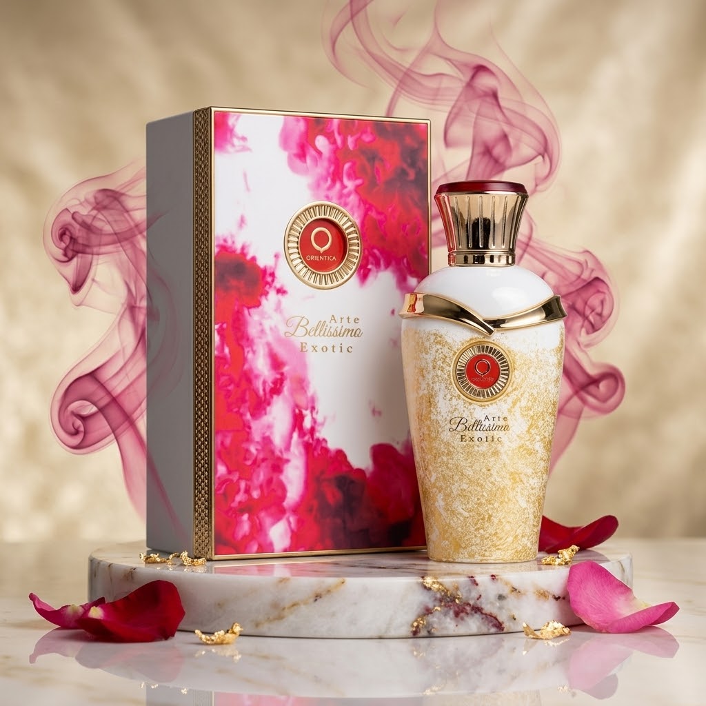Perfume Eau de Parfum Arte Bellisimo Exotic da Orientica, frasco elegante com detalhes dourados, inspirado em aromas orientais.