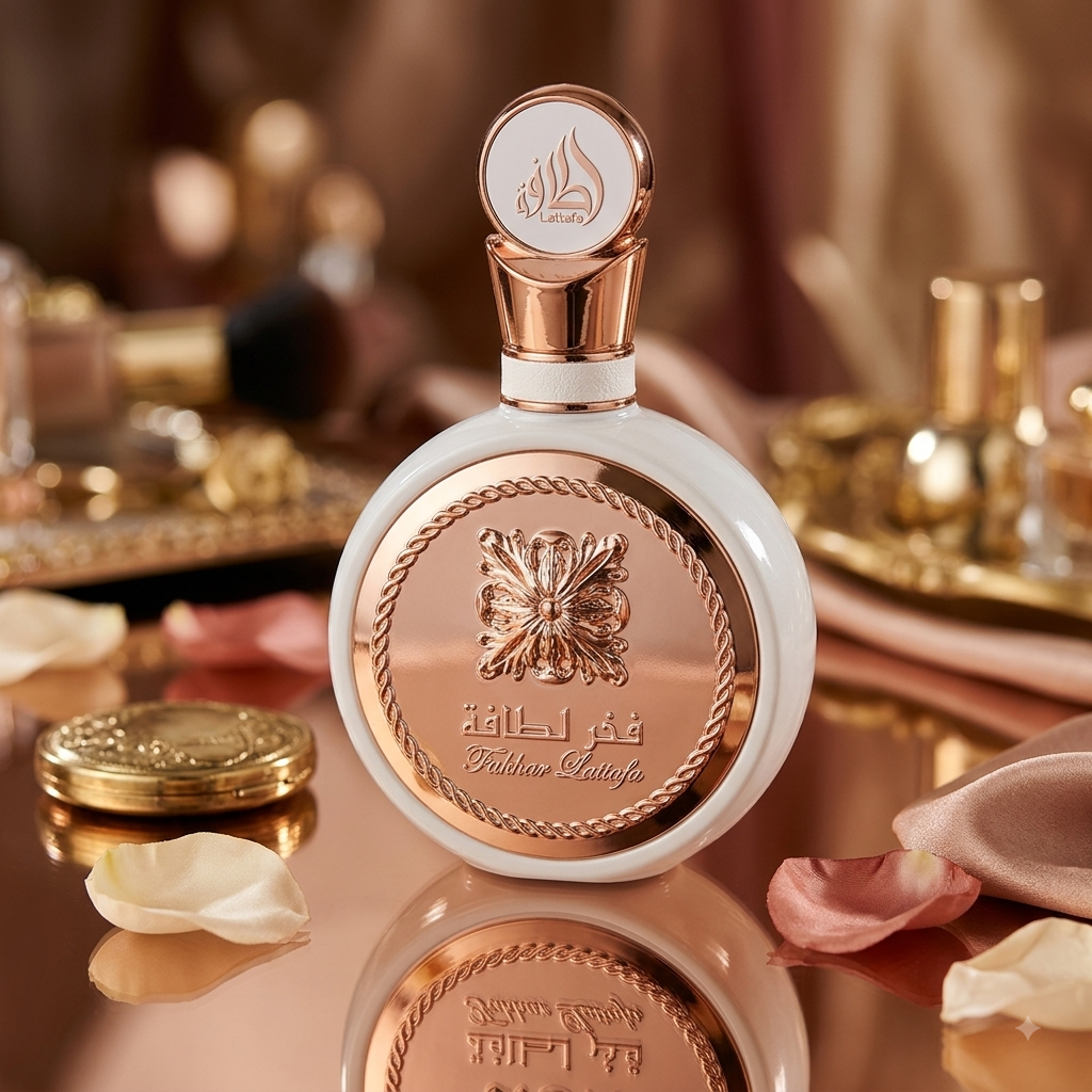 Fakhar Rose Eau de Parfum da Lattafa, fragrância floral com notas de rosa, apresentada em frasco elegante da marca Oud de Ouro.