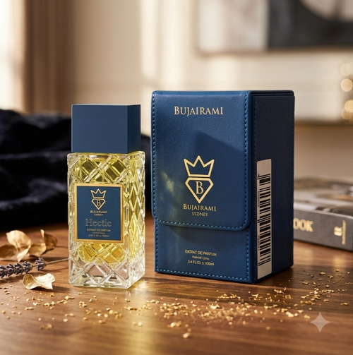 Frasco de perfume Bujairami Hectic da Luxos do Oriente, extrato de perfume com fragrância oriental e embalagem elegante.