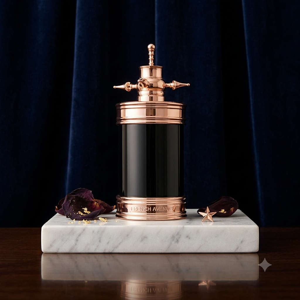 Perfume Axis Eau de Parfum French Avenue da Luxos do Oriente, frasco com design elegante e detalhes dourados.