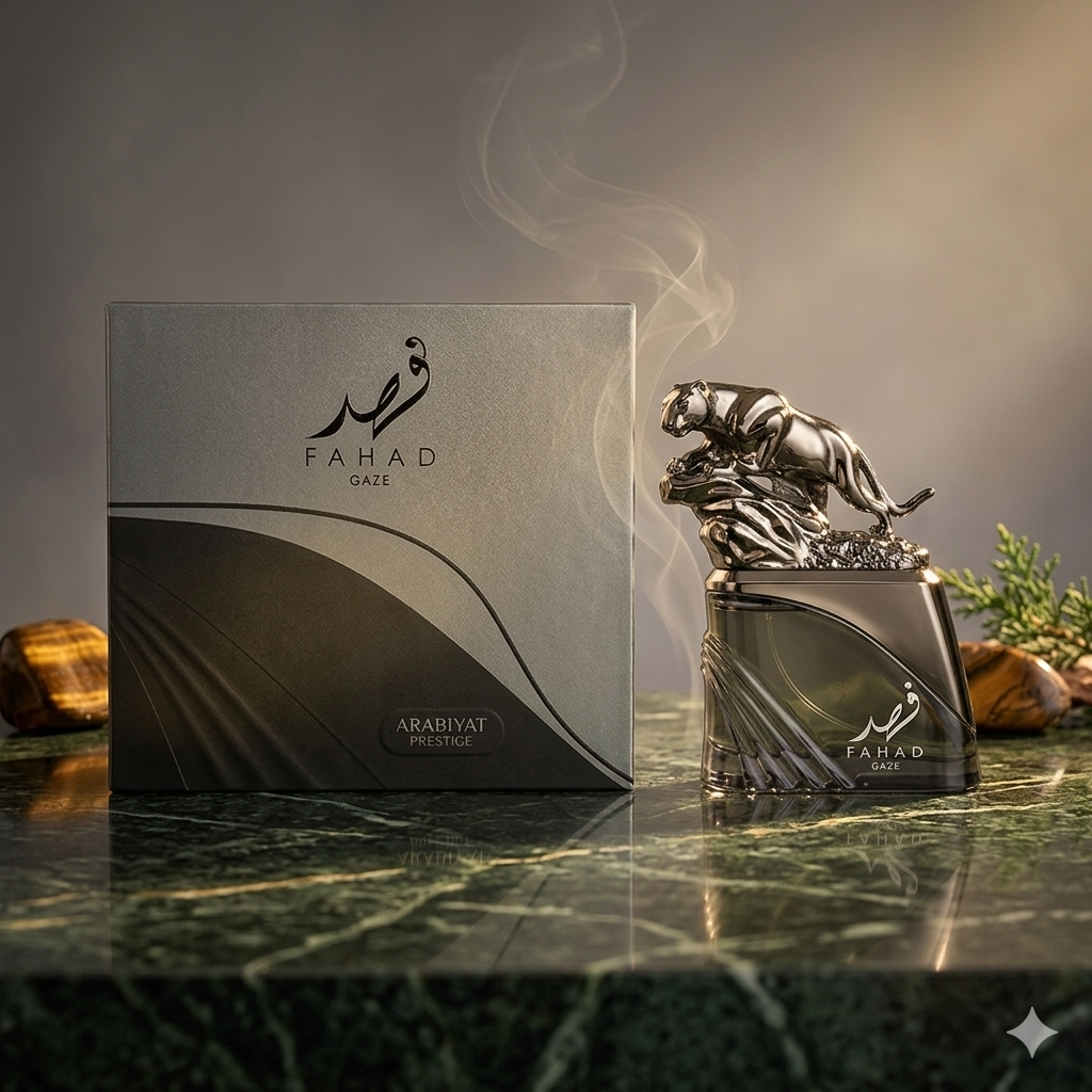 Fahad Gaze Eau de Parfum da Luxos do Oriente, perfume árabe Arabiyat Prestige Original, garrafa elegante e detalhada.