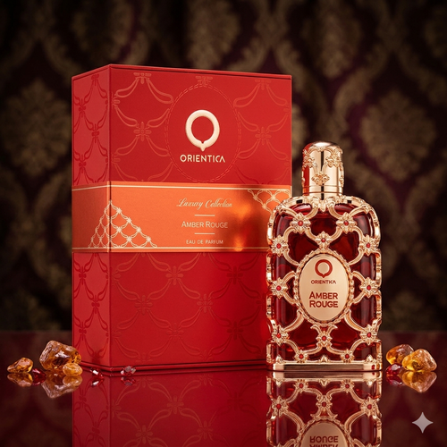Frasco de Eau de Parfum Amber Rouge da Orientica, luxuoso e elegante, com detalhes dourados e tampa preta.