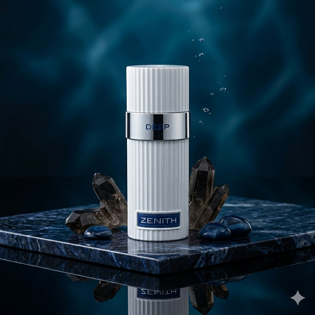 Frasco de perfume Zenith Deep Eau de Parfum da Luxos do Oriente, com design elegante e embalagem que destaca a fragrância francesa.