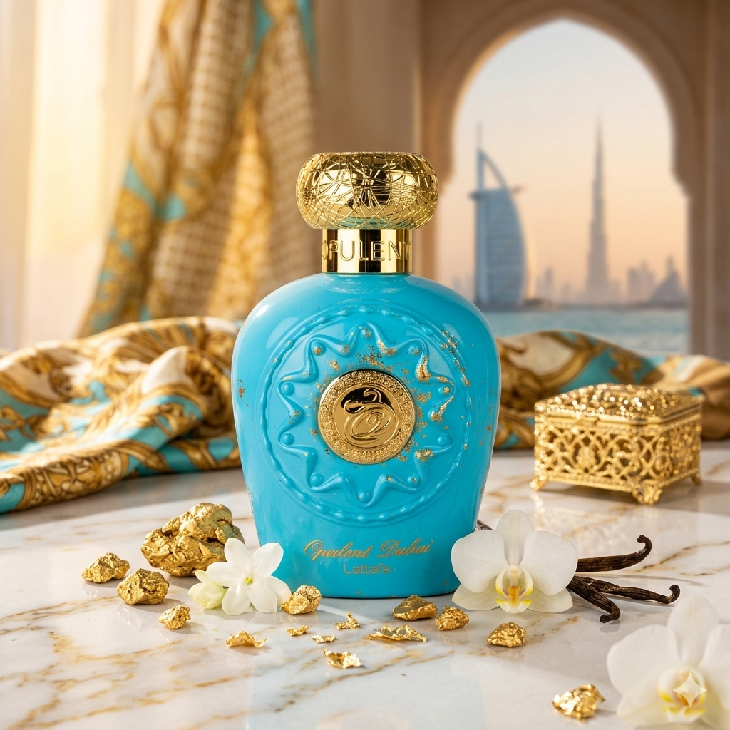 Frasco de perfume Opulent Dubai Eau de Parfum da Lataffa, embalagem lata, design elegante e sofisticado.