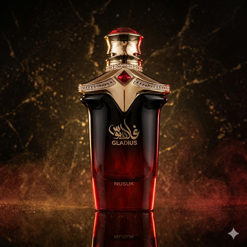 Frasco de perfume Extrait Gladius da Luxos do Oriente, embalagem elegante e detalhes do frasco de vidro transparente.
