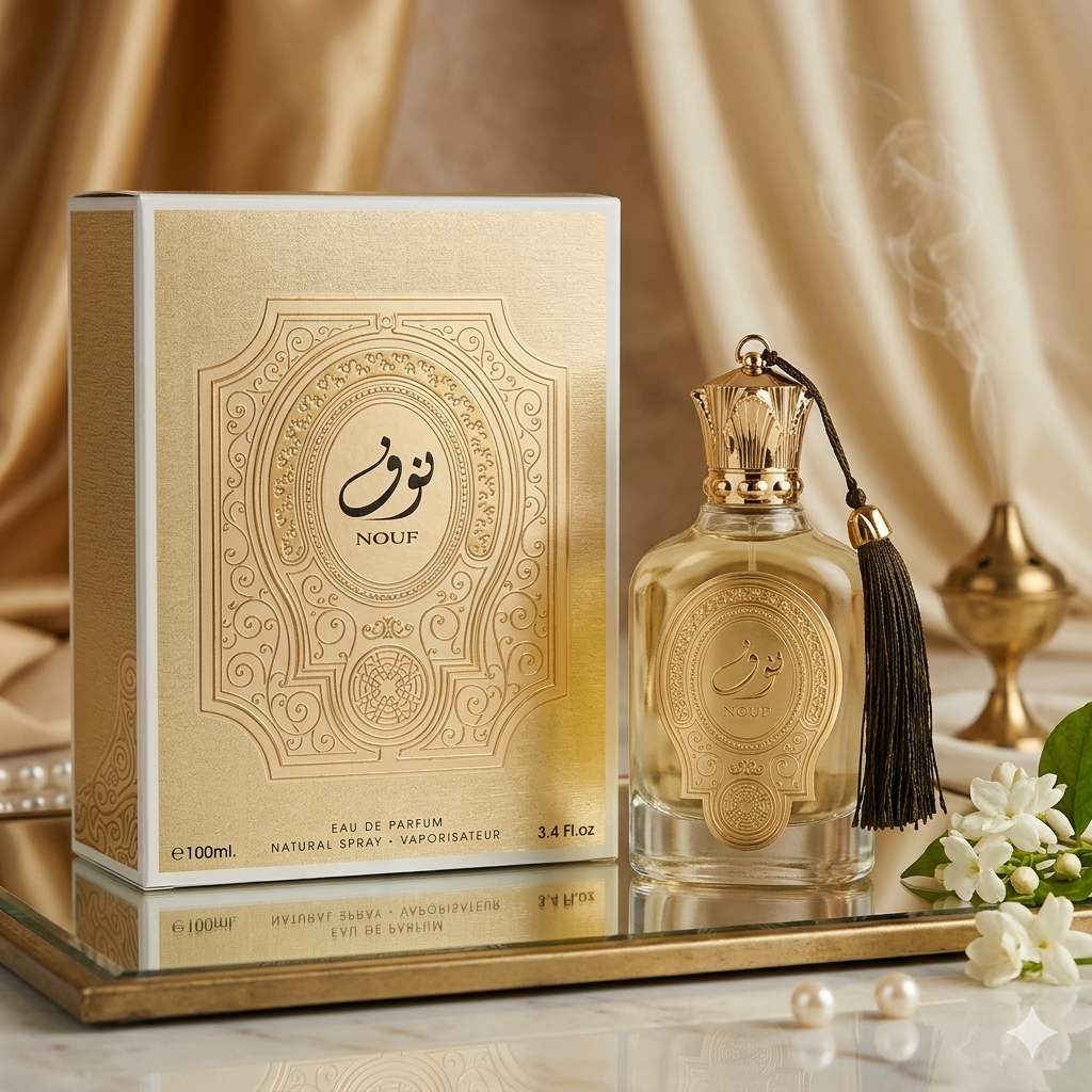 Perfume Nouf Eau de Parfum da Luxos do Oriente, embalagem com frasco elegante e detalhes refinados.
