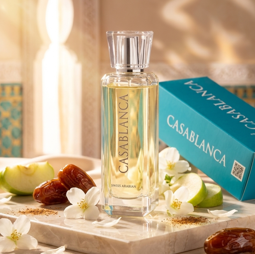 Frasco de perfume Eau de Parfum Casablanca da Swiss Arabian, embalagem elegante e aromática, para homens e mulheres.