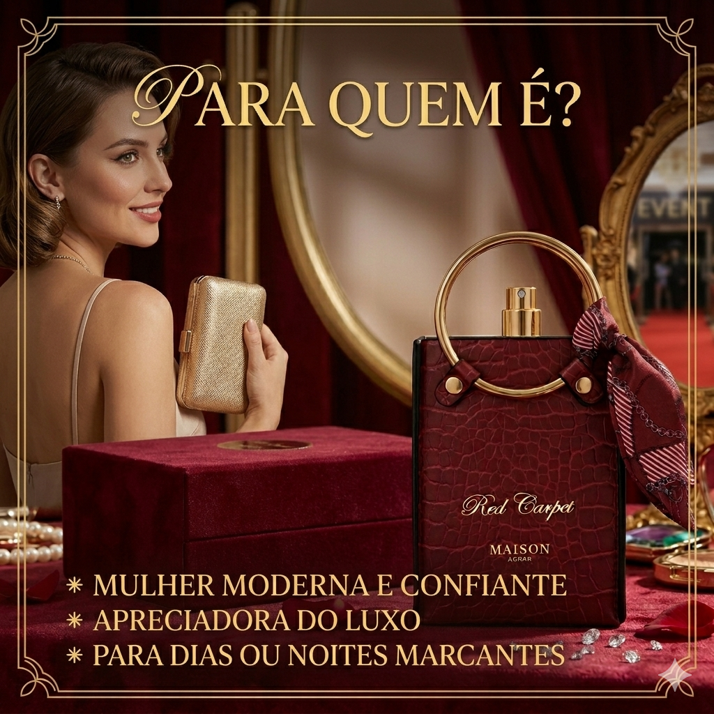 Frasco de perfume Eau de Parfum Red Carpet da Maison Asrar, com embalagem elegante e detalhes dourados.