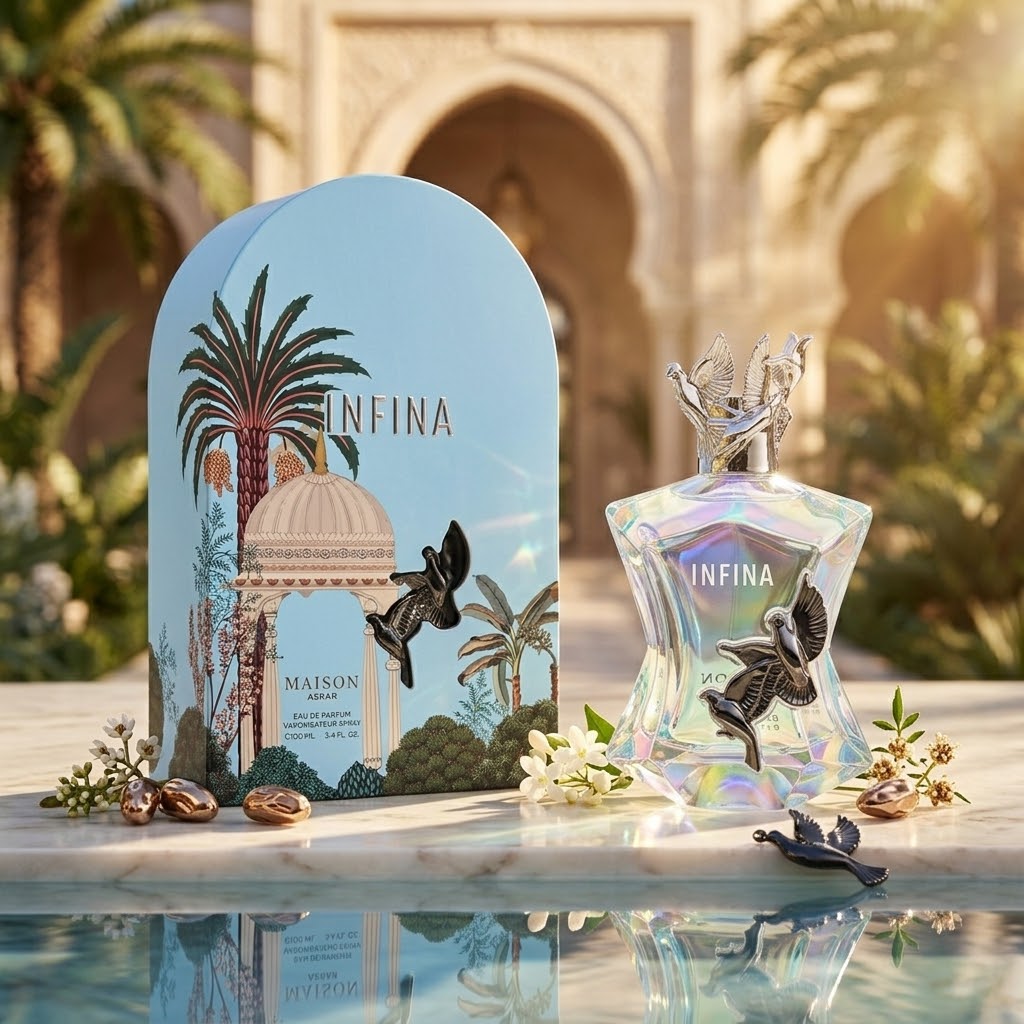 Frasco de perfume Eau de Parfum Infina da Maison Asrar, com design elegante e detalhes dourados, em fundo neutro.