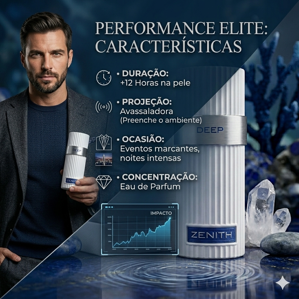 Frasco de perfume Zenith Deep Eau de Parfum da Luxos do Oriente, com design elegante e detalhes franceses.