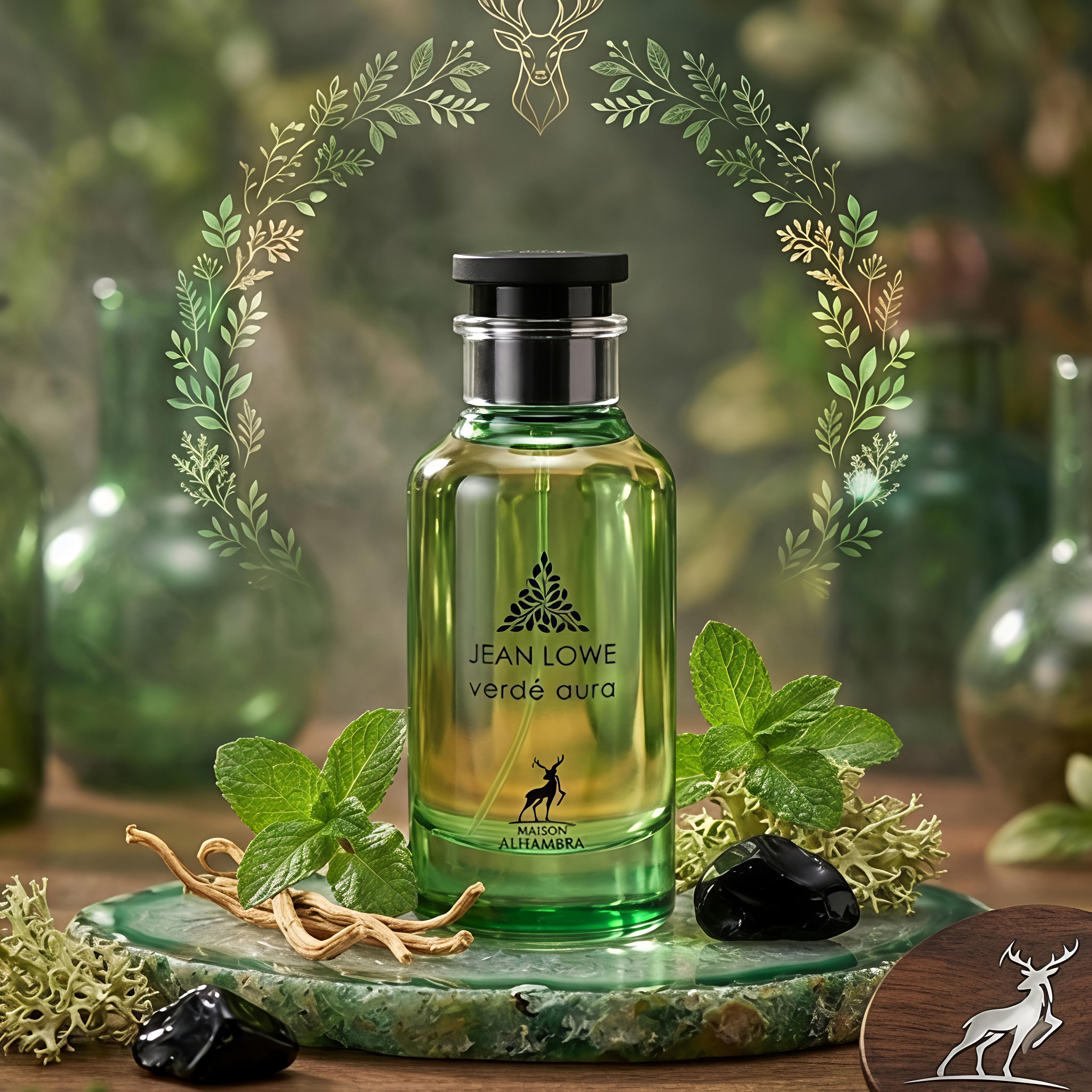 Perfume Eau de Parfum Jean Lowe Verde Aura da Maison Alhambra, embalagem com frasco verde e detalhes dourados.