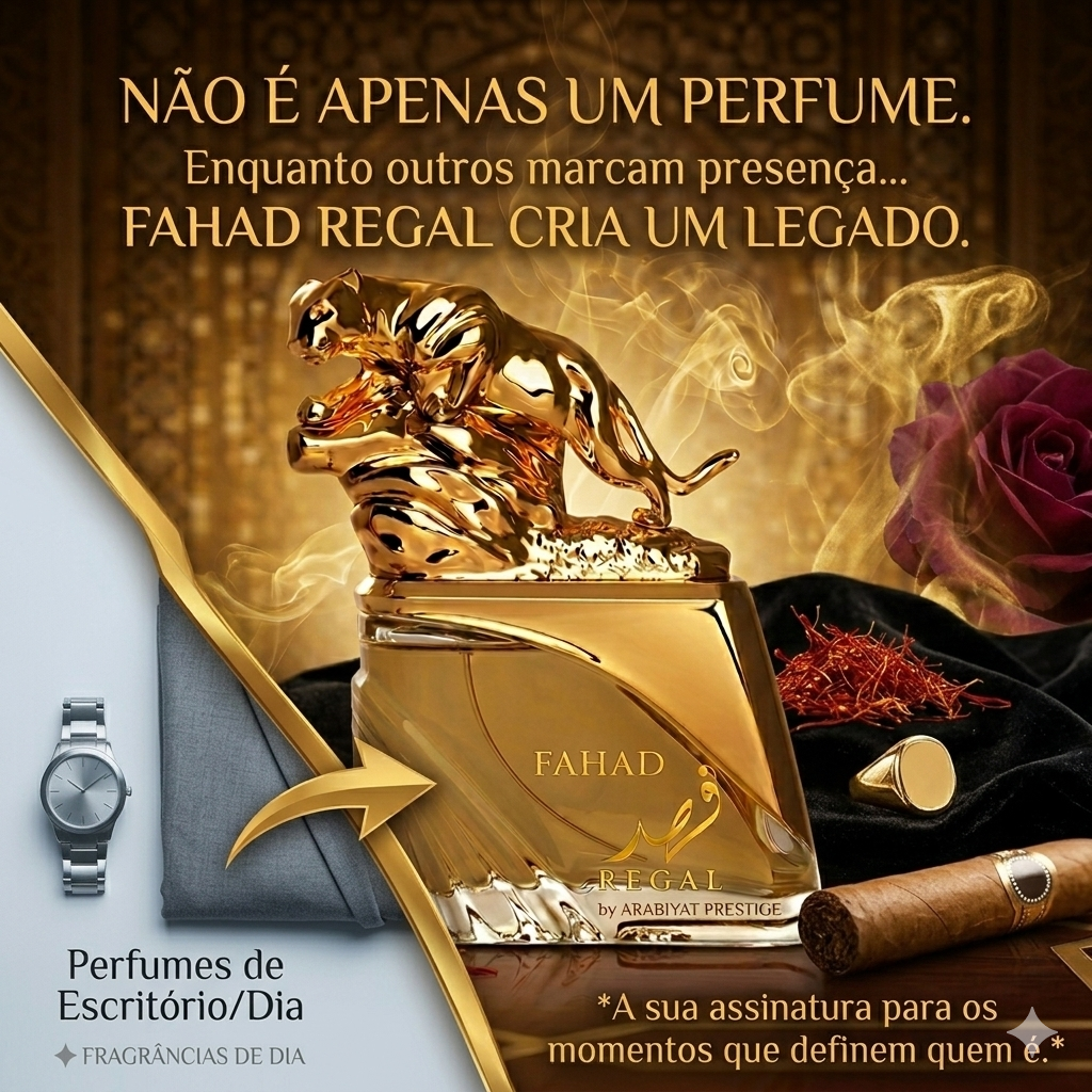 Frasco de perfume Fahad Regal Eau de Parfum Arabiyat Prestige da Luxos do Oriente, com design elegante e detalhes dourados