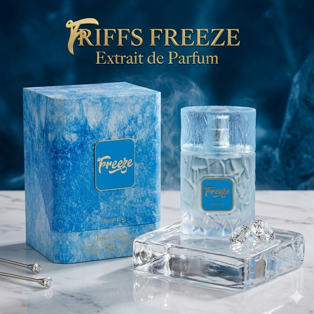 Frasco do perfume Freeze Extrait de Parfum Riifs Original da Luxos do Oriente, com embalagem elegante e design sofisticado