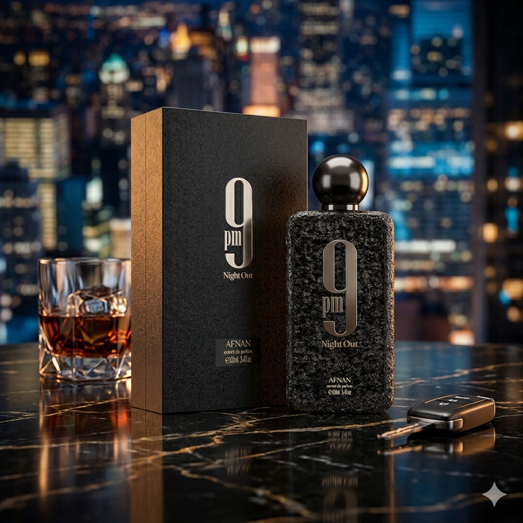Frasco de 9 PM Night Out - Extrait de Parfum Afnan Original, embalagem elegante, com detalhes dourados e rótulo distintivo.