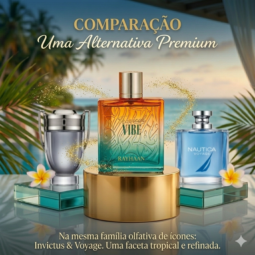 Frasco de Eau de Parfum Rayhaan Tropical Vibe da Luxos do Oriente, com design elegante e detalhes tropicais na embalagem