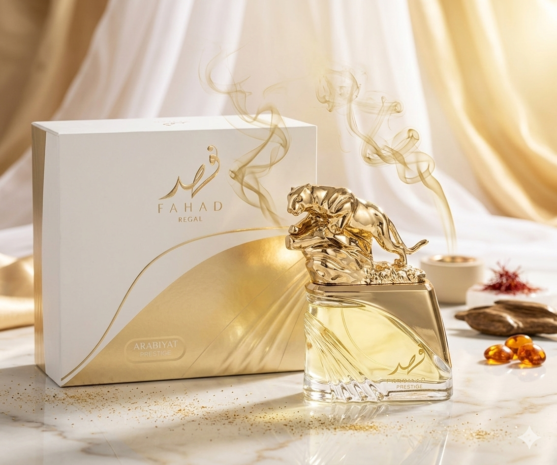 Fahad Regal Eau de Parfum Arabiyat Prestige da Luxos do Oriente, frasco elegante de perfume perfumado para homens.