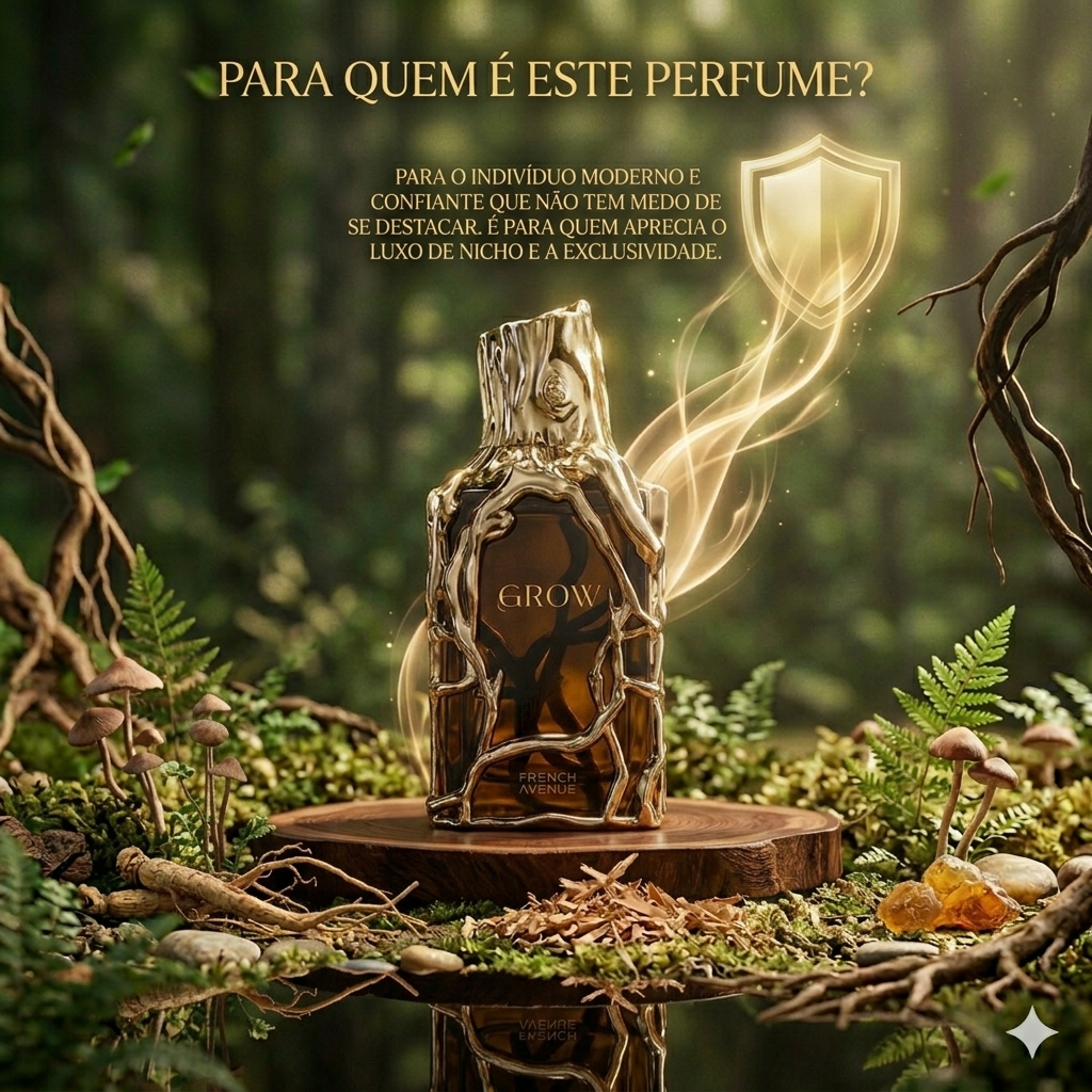 Frasco de perfume Grow Extrait de Parfum French Avenue da Luxos do Oriente, com design elegante e detalhes sofisticados.