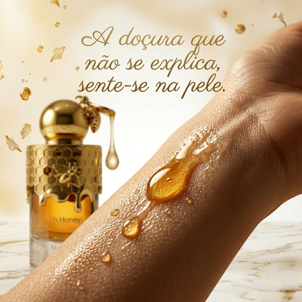 Perfume Oh Honey! Eau de Parfum da Maison Asrar, fragrância oriental com notas doces e florais, embalagem elegante.