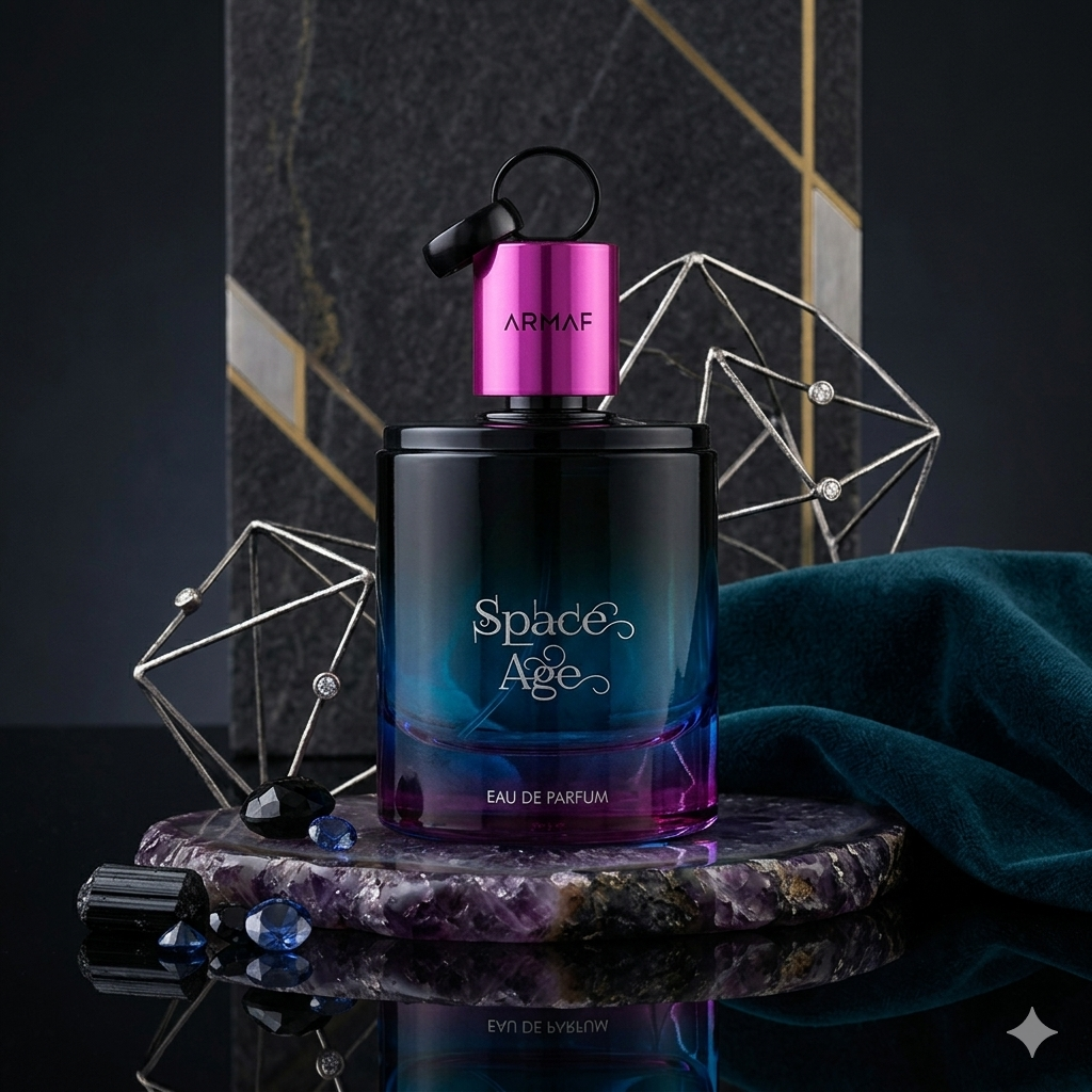 Frasco de Eau de Parfum Space Age da Armaf, com design futurista e detalhes elegantes, para quem aprecia fragrâncias sofisticadas.