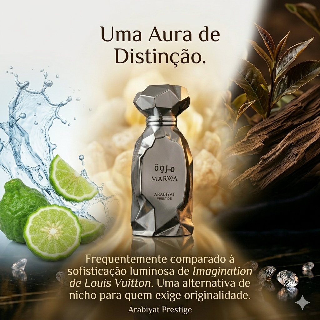 Frasco de Eau de Parfum Marwa Arabiyat Prestige original, com design elegante e detalhes dourados, para mulheres sofisticadas.