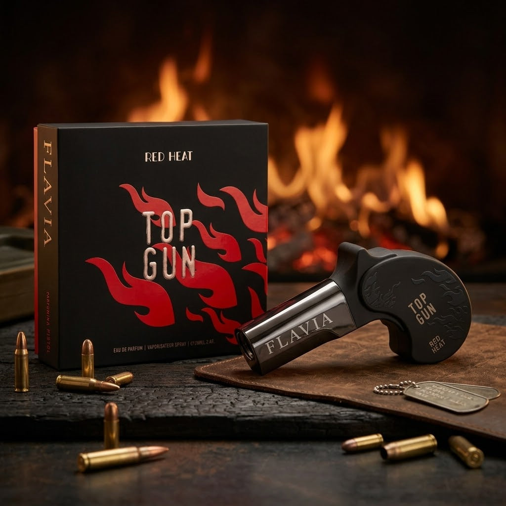 Perfume Eau de Parfum Red Heat da Flavia Parfums, embalagem com frasco vermelho e detalhes dourados, elegante e atraente.