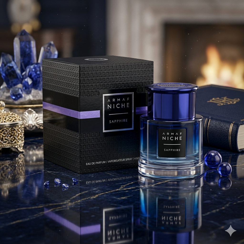 Frasco de Eau de Parfum Niche Sapphire da Armaf, com design elegante e detalhes em azul, para fragrância luxuosa e sofisticada.