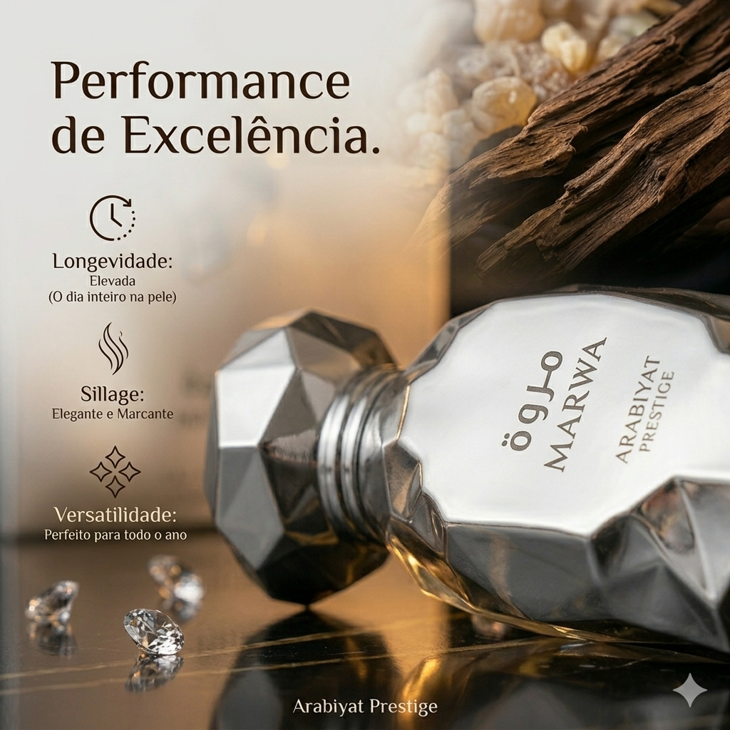 Frasco de perfume Marwa Eau de Parfum Arabiyat Prestige Original, embalagem elegante e detalhes do frasco de vidro com tampa dourada