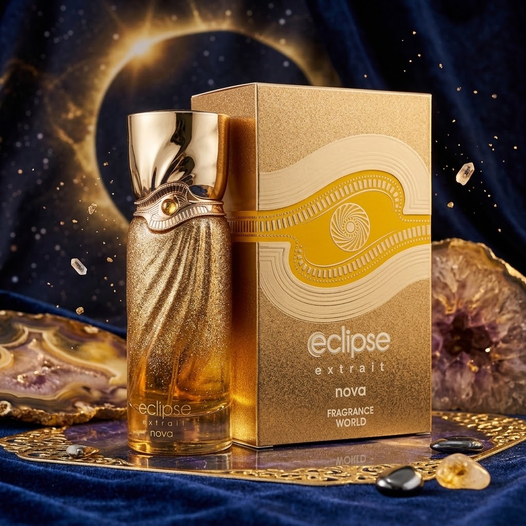 Frasco de perfume Eclipse Extrait Nova da Fragrance World, fragrância luxuosa da marca Luxos do Oriente, com detalhes elegantes.