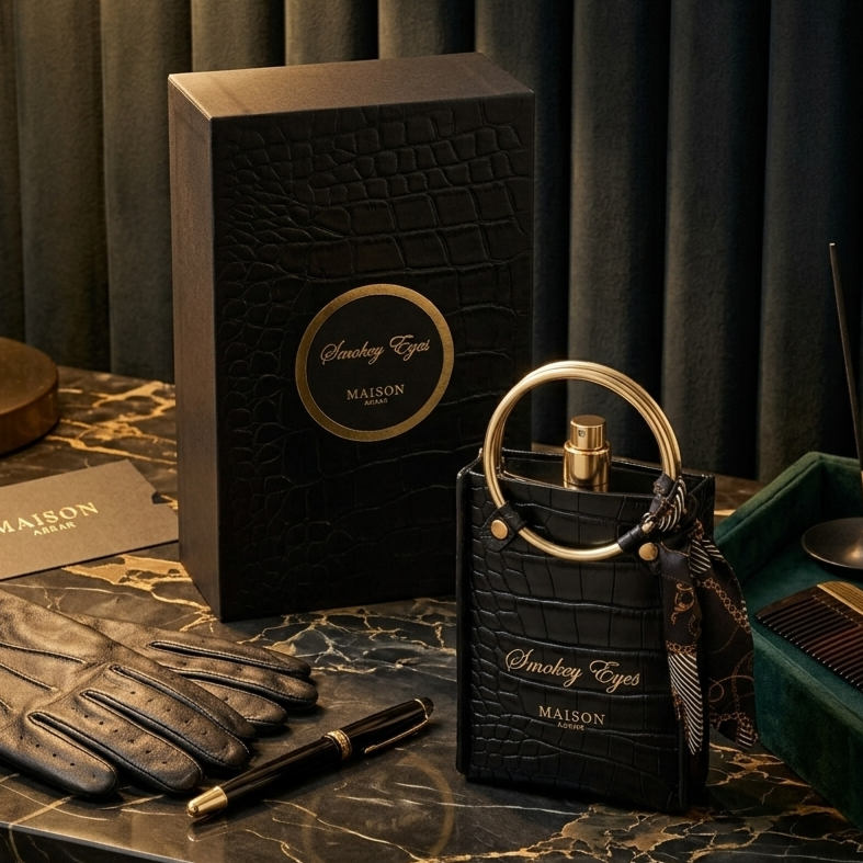 Frasco de perfume Eau de Parfum Smokey Eyes da Maison Asrar, com design elegante e detalhes em tons escuros e dourados.
