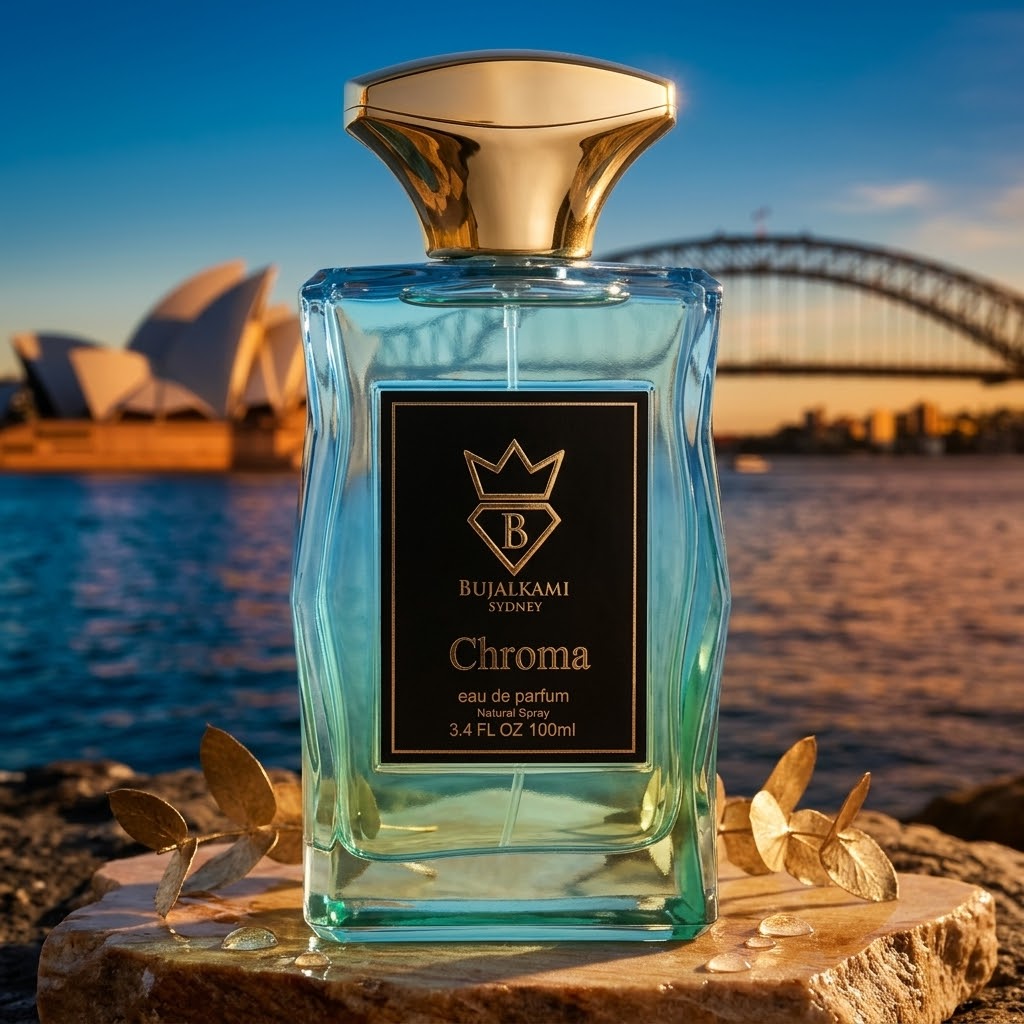 Frasco de perfume Chroma Eau de Parfum Bujairami da Luxos do Oriente, com design elegante e detalhes sofisticados.