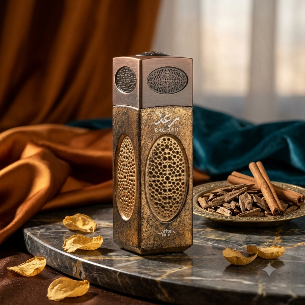 Frasco de perfume Raghad Eau de Parfum da Lattafa, com design elegante e detalhes sofisticados.