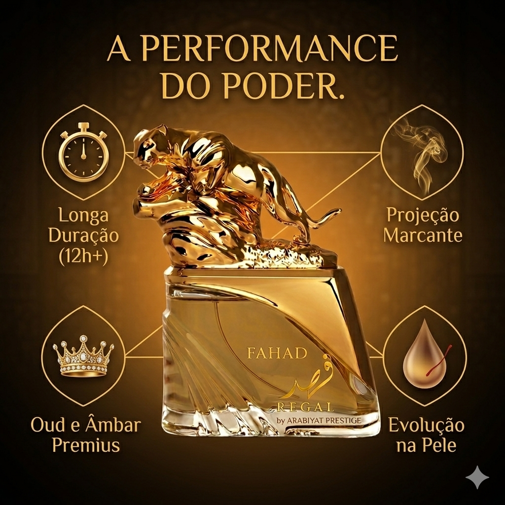 Fahad Regal Eau de Parfum Arabiyat Prestige da Luxos do Oriente, frasco elegante com detalhes dourados e design sofisticado
