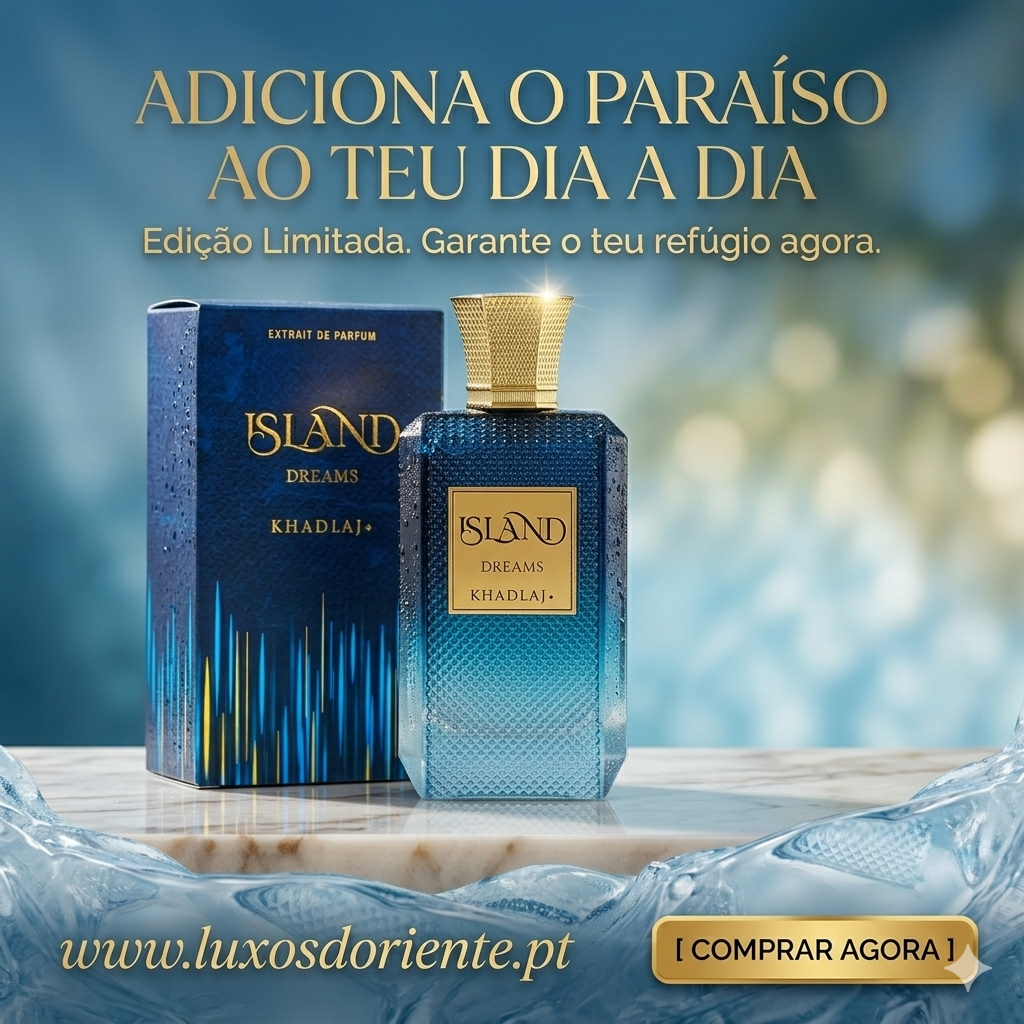 Frasco de perfume Island Dreams Khadlaj Original, extrato de perfume com embalagem elegante e detalhes dourados.