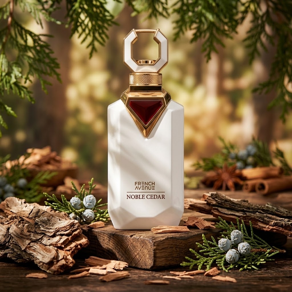 Frasco de perfume Noble Cedar da Luxos do Oriente, Extrait de Parfums French Avenue, com embalagem elegante e rótulo detalhado