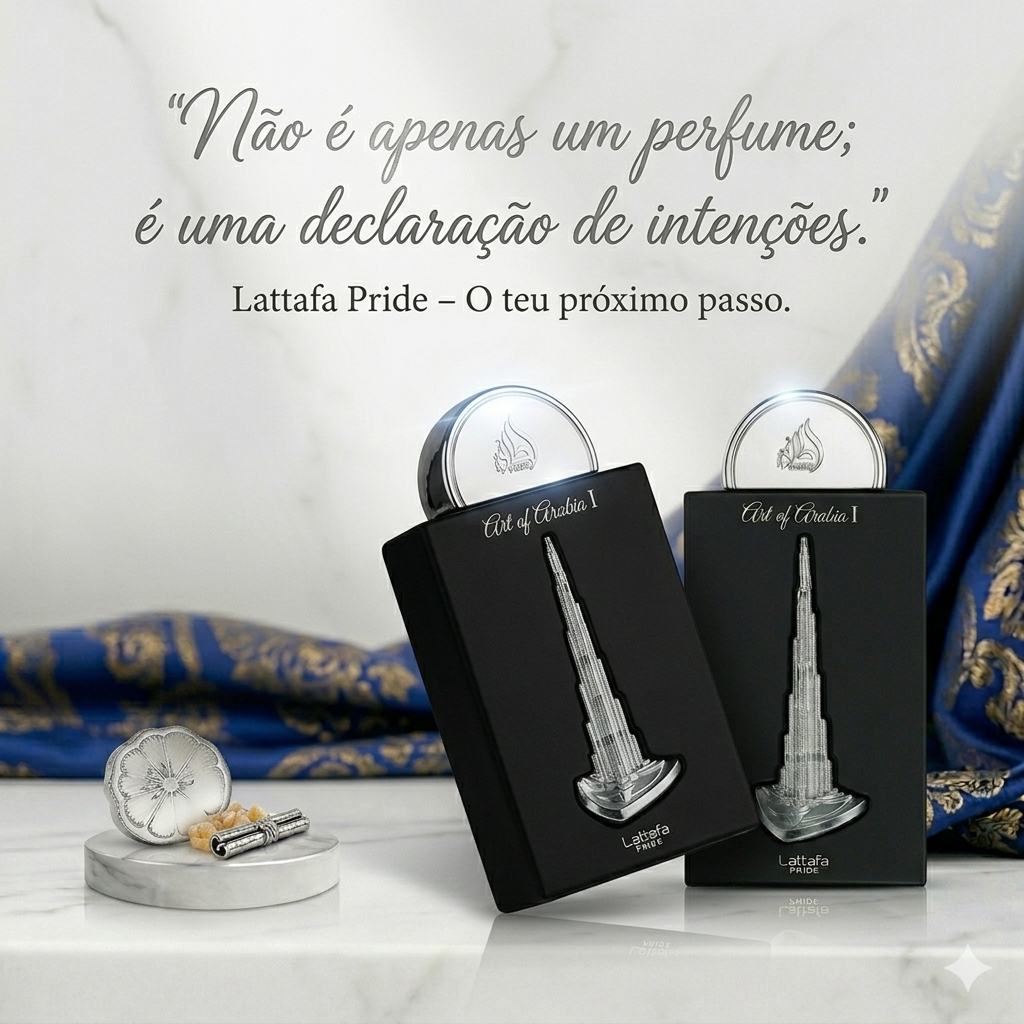 Frasco de perfume Art of Arabia I Eau de Parfum da Lattafa Pride Original, com design elegante e detalhes dourados.